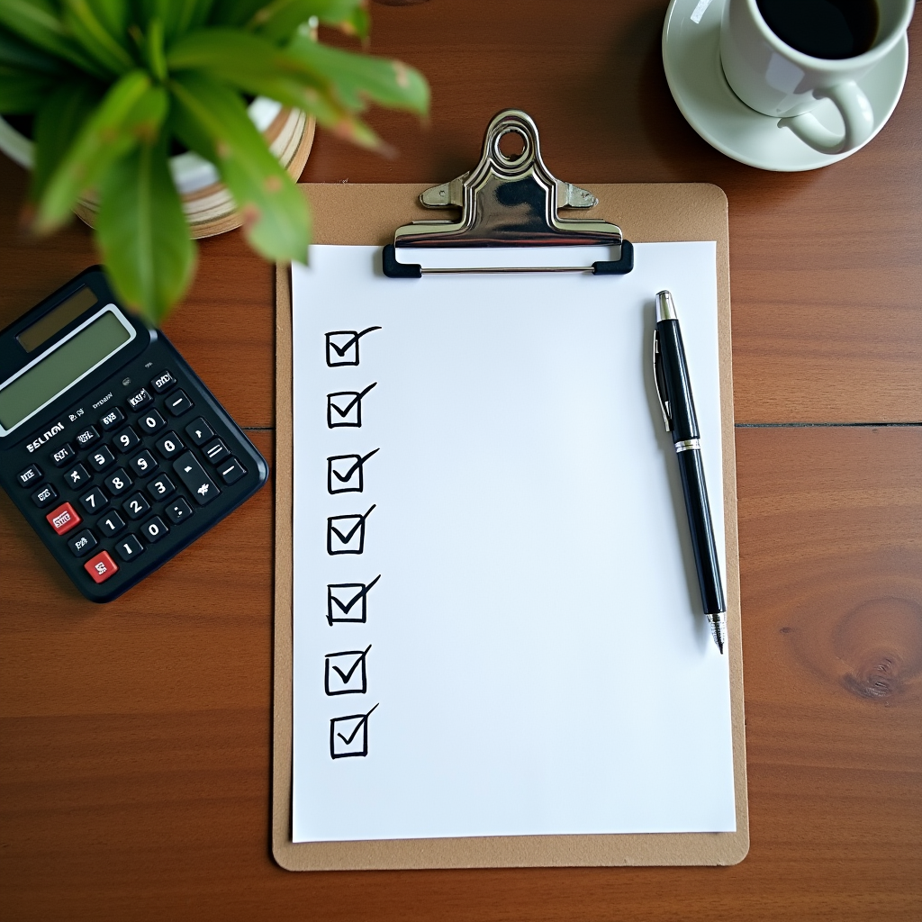Watercolor illustration of a clipboard with abstract checkmark shapes on cream paper, no readable text, soft earth tones