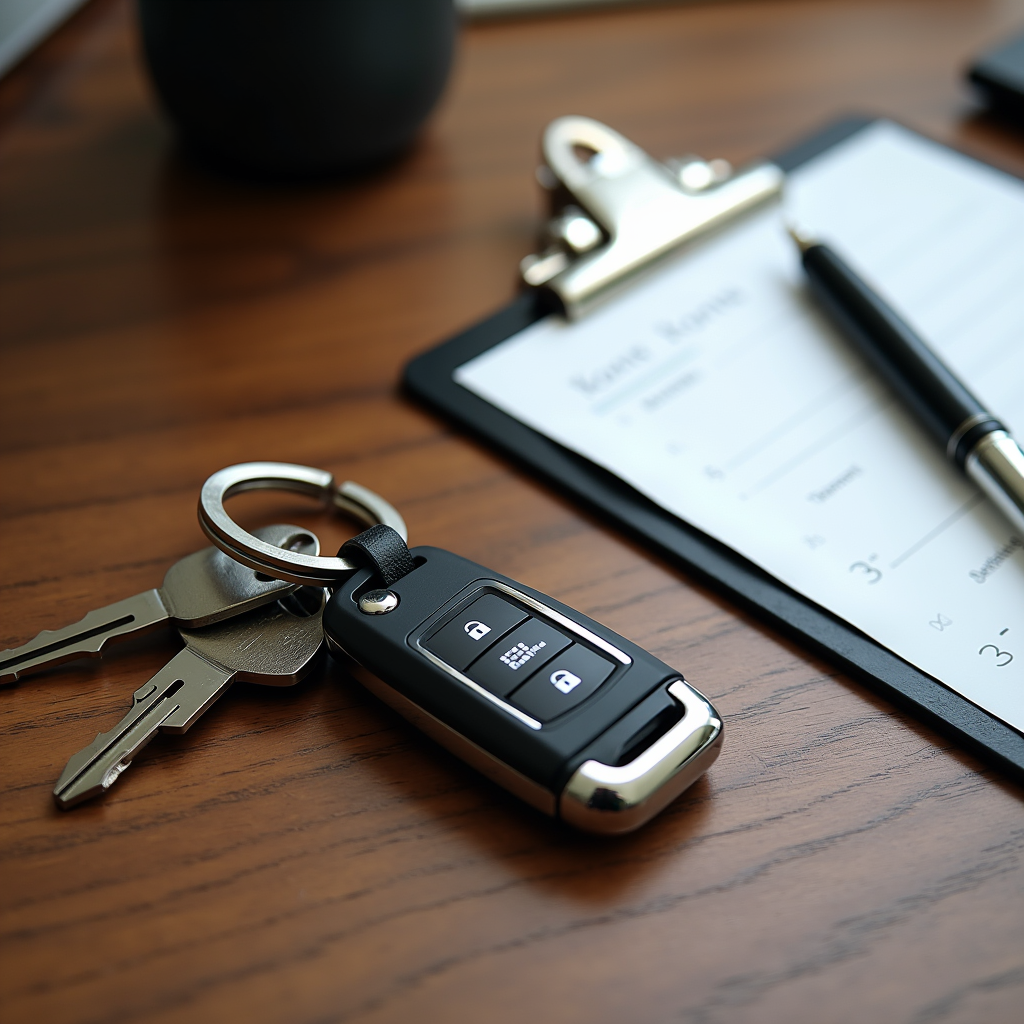 Watercolor illustration of a small set of car keys on a wooden surface beside a clipboard with abstract checklist marks, no readable text