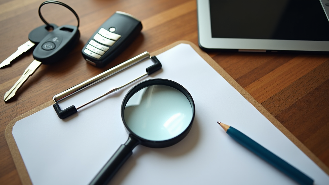 Watercolor illustration of a small magnifying glass beside a car key on cream paper, top-down view, no text, soft earth tones